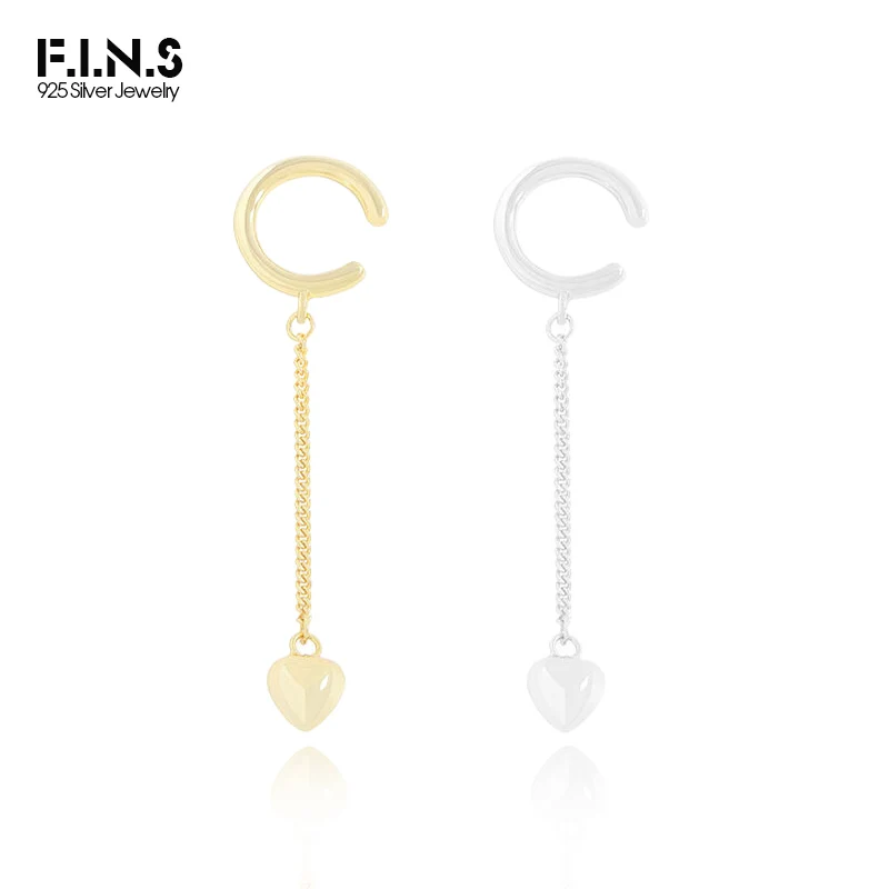 F.I.N.S 1PC S925 Sterling Silver Love Heart Pendant Clip Earring Single Thin Earcuff without Ear Holes Stackable Fine Jewelry