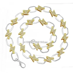12mm Gold Silver 2tone Color Lightning Shape AAA Bling CZ Stone Prong Cuban Chain Iced Out Hip Hop Choker Necklace Jewelry 16