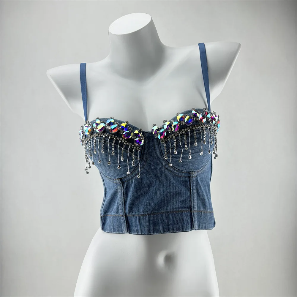 Cowboy Chain Beaded Tassel Bustier Female Spicy Girl Waist Thin Halter Undershirt Nightclub Stage Sexy Tops