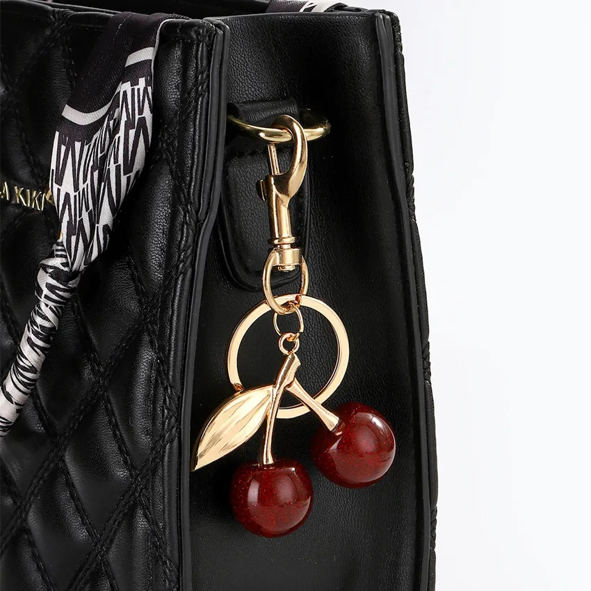 Retro Fashion Leopard Red Cherry Keychain Sparkling Pink Fruit Cherry Bag Pendant Car Keychain Gift Wholesale