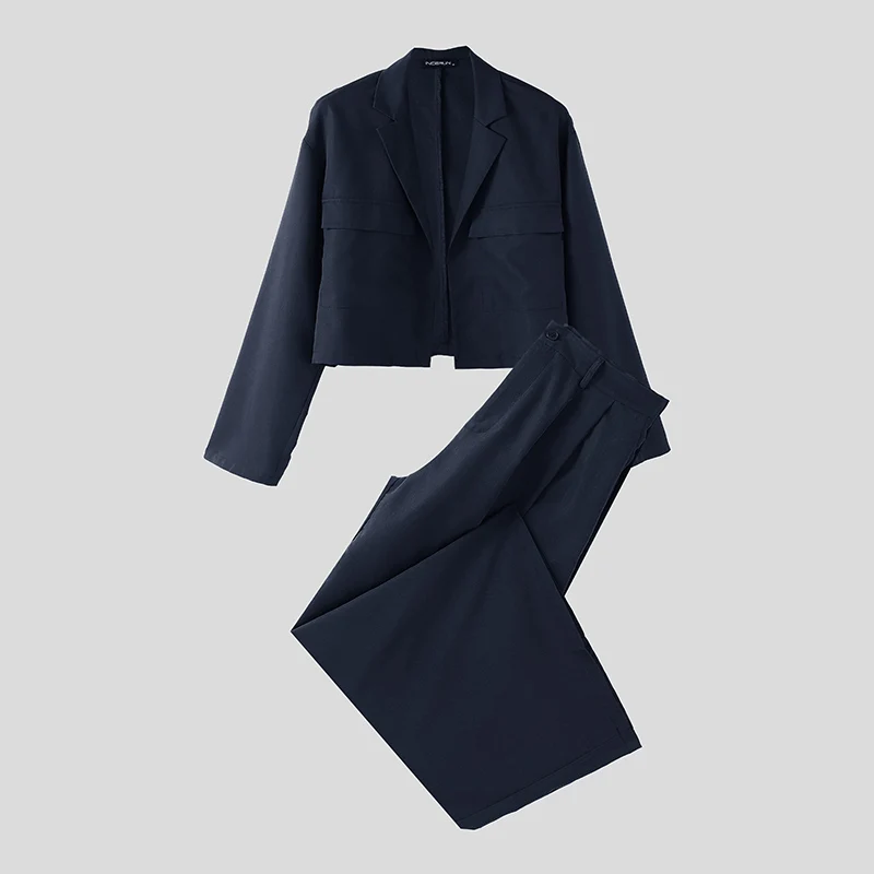 

INCERUN Мужские комплекты Однотонный укороченный пиджак с длинными рукавами и брюки с лацканами Комплекты из двух предметов Уличная одежда Свободные модные мужские повседневные костюмы