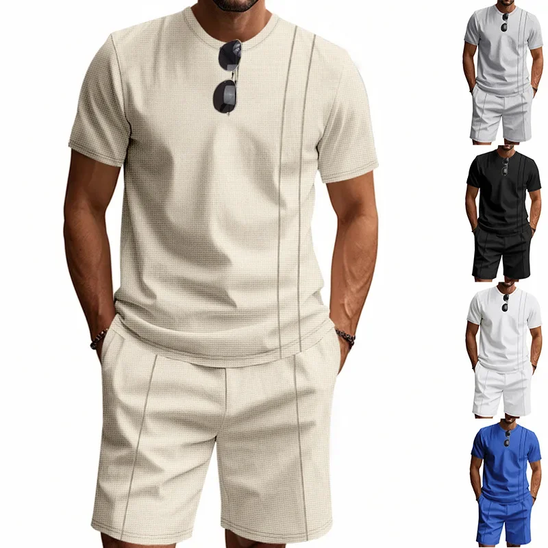 

Men New Two Pieces Sets O Neck Shirt Straight Shorts Knee Length Short Sleeve Pullover Shirts Tees Loose Casual Sports Spliced