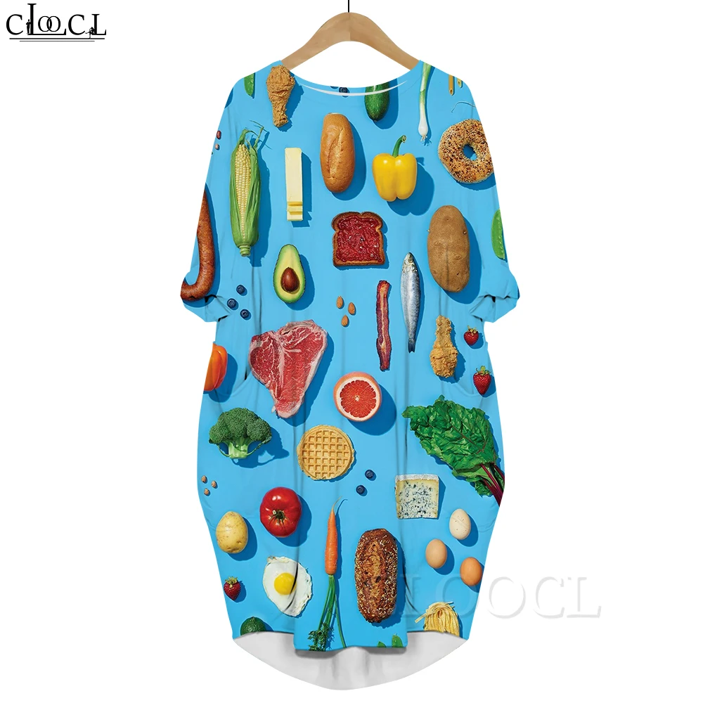 

CLOOCL Harajuku Blue Dress Nutritious Food Pattern 3D Printed Loose Casual Dresses Long Sleeve with Pocket Fashion Women Dress