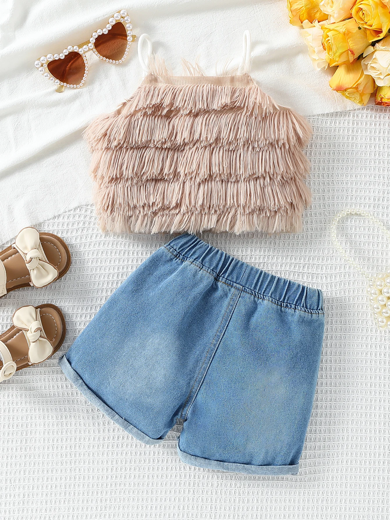 2PCS Summer Girls Trendy Fashion Tassel Sleeveless Vest Top Ripped Denim Shorts Baby Girl Children Casual Denim Fashionable Shor