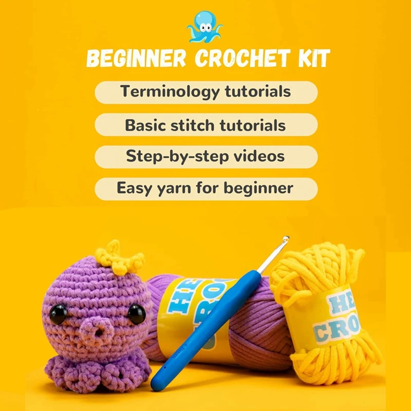 DIY Octopus Crochet Kit Crochet Starter Kit With Knitting Yarn Needles Plush Doll Easy For Includes Enough Yarn Hooks