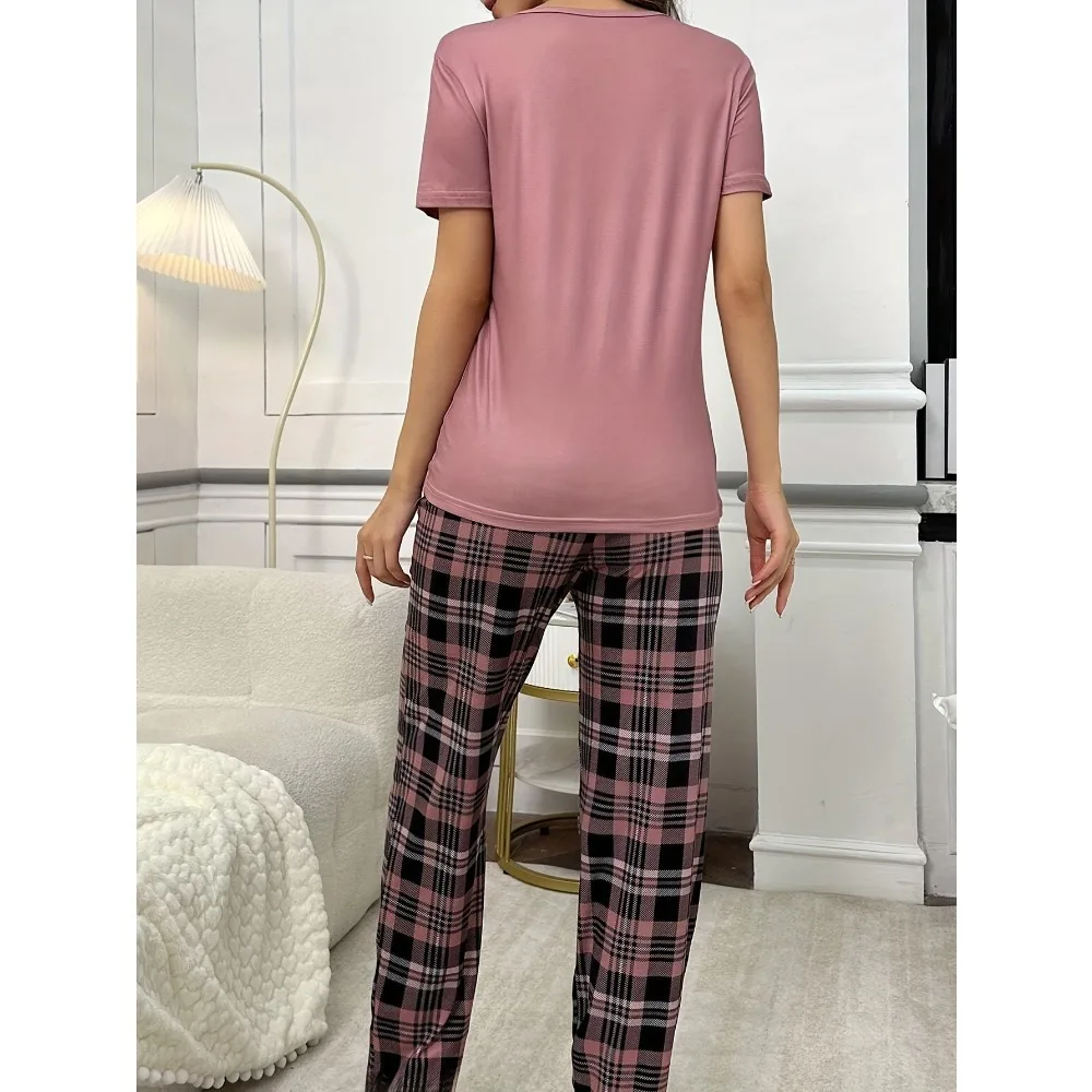 مجموعة واحدة من السراويل الطويلة المطبوعة بأكمام قصيرة وطبعة الحب، طقم بيجامة كاجوال، ملابس مريحة من القماش للنساء، ملابس لجميع المواسم