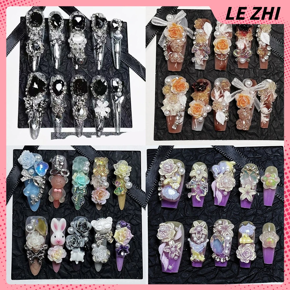 

High-End Luxury Flash Rhinestone Long Stiletto Handmade Press On Nails Cartoon Rabbit Flower Butterfly Bow Pearl Chain Fake Nail