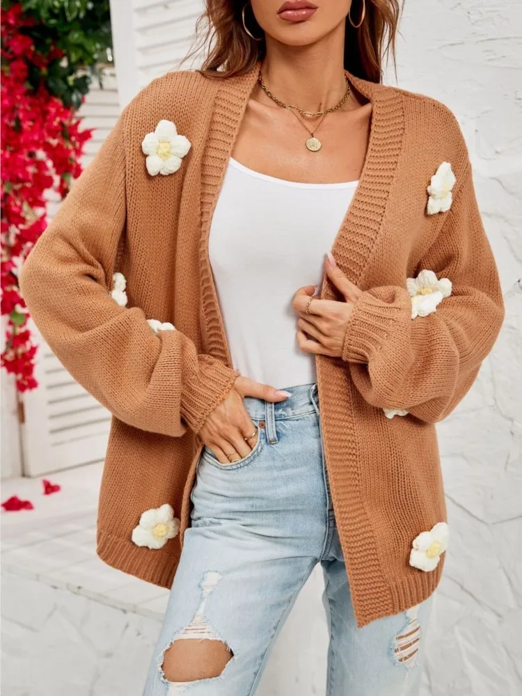 

Casual Long Sleeve Sweater Coat Office Lady Autumn Winter Fashion Elegant V Necl Floral Appliques Sweater For Women 2023 Female