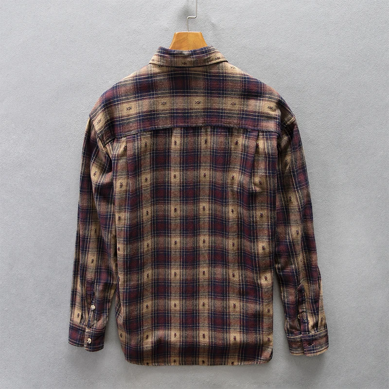 Vintage Plaid Shirt for Men Autumn New Cotton Turn-down Collar Shirts Pocket Decoration Long Sleeve Loose Clothes