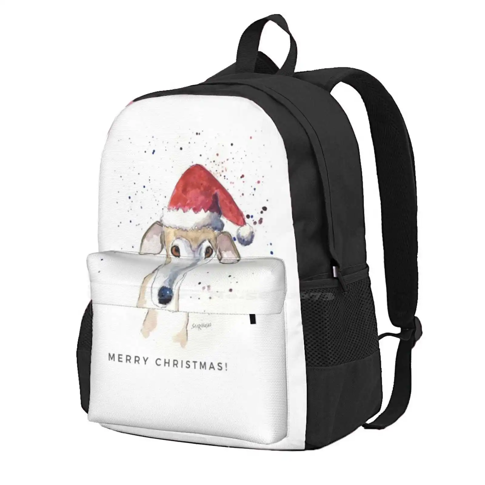 Galgo Espanol Christmas Hat Card, Brindle Greyhound Art Hot Sale Schoolbag Backpack Fashion Bags Christmas Hat Greyhound Galgo