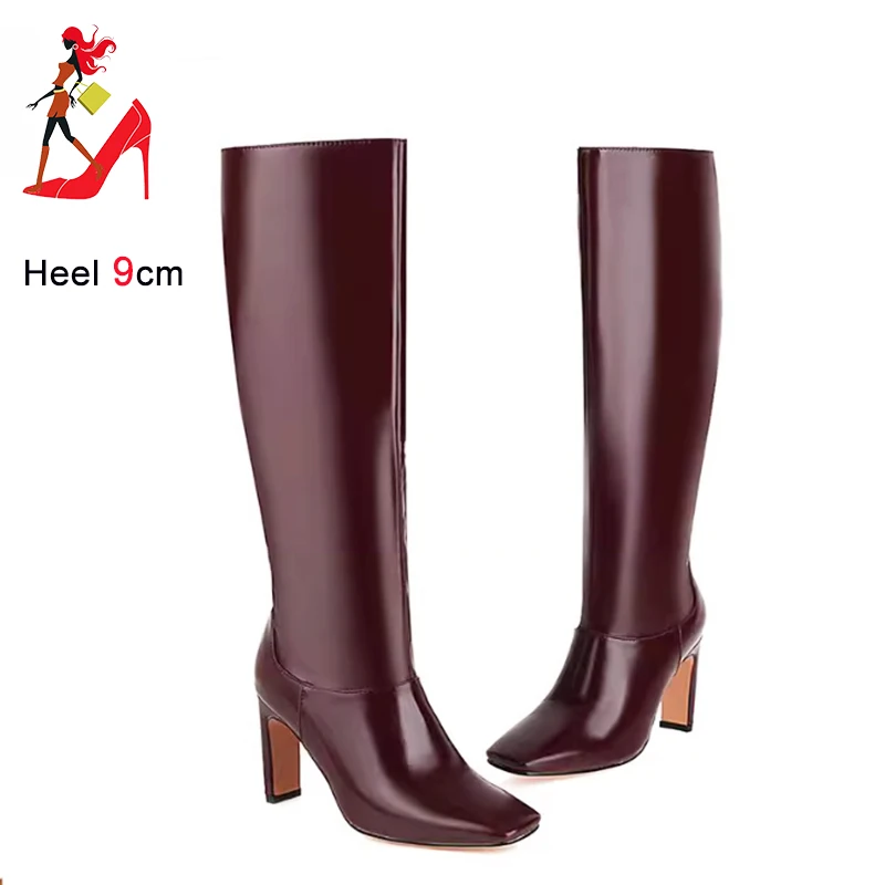 Fashion Knee-High Boots Women 9CM Green Party High Heels Autumn Winter Short Plush Warm Shoes Square Toe Office Lady Long Boots