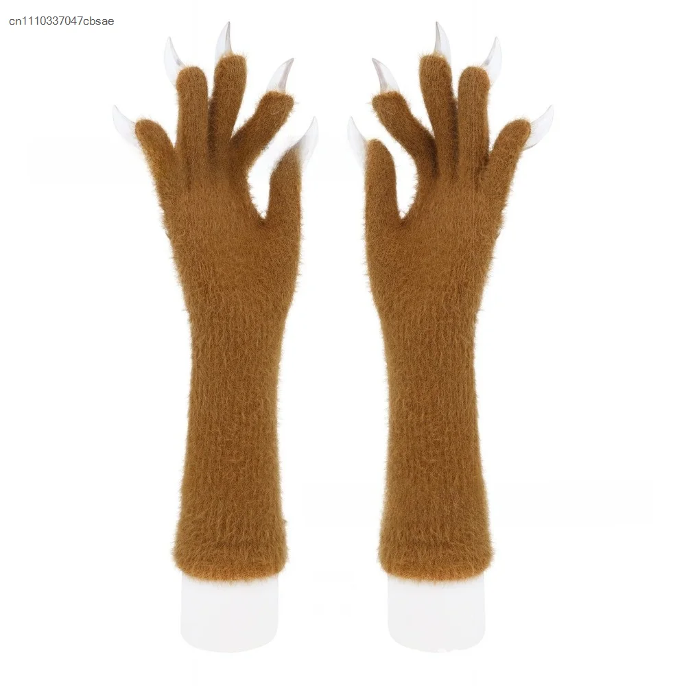 Funny Full Finger Paws Gloves Halloween Costume Accessories Furry Solid Color Long Warm Mitten Long Nail Animal Claw Glove Prop