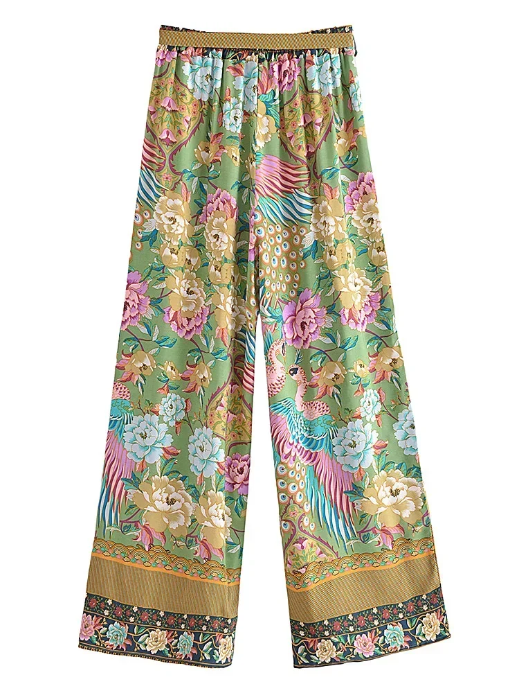 Vintage Chic Women Peacock Floral Print Bohemian Wide Leg Pants Lady Elastic Waist Loose Rayon Boho Long Pants Oversize Trousers