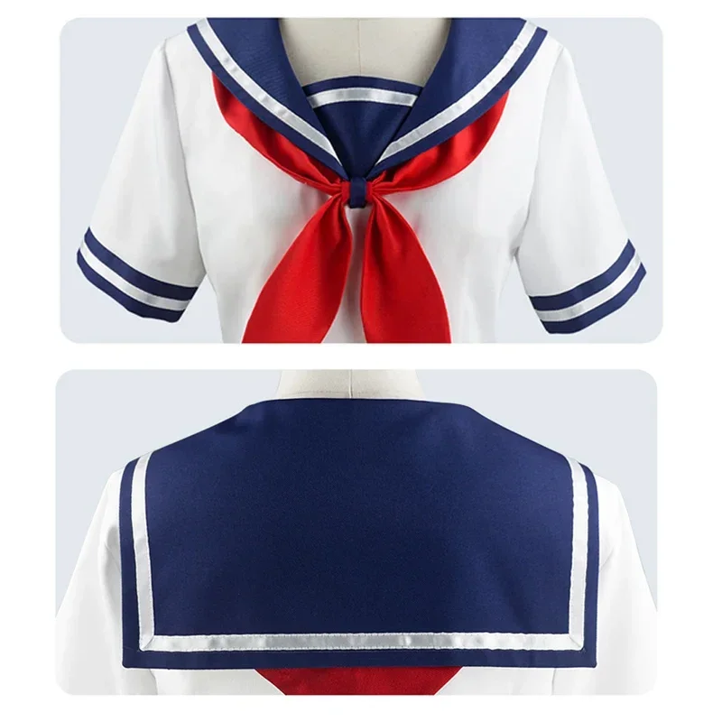 Halloween Party Girl's Navy Blue Sailor Skirt Pantyhose Loli Black Leather Shoes Yandere Simulator Ayano Aishi Cosplay Costume view 6