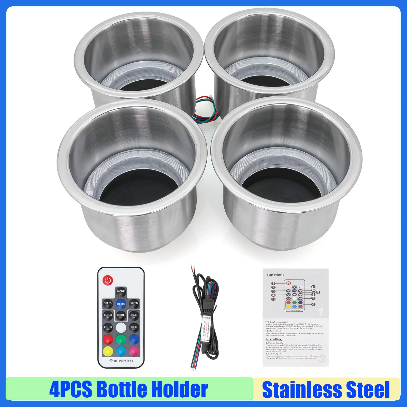 

Stainless Steel Light Cup Holder 4PC/Set 14 LED Remote RGB Light Cup Drink Bottle Holder for Marine Boat Car Truck Yacht custom