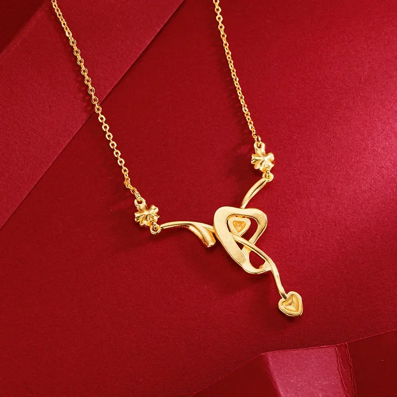 9999 Real Gold Niche Design Sense One Arrow Double Heart Necklace High Sense Heart-to-heart Seal Collarbone Chain Gold Necklace