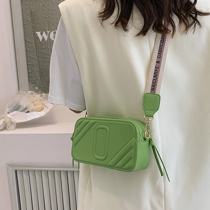 Korean Designer Camera Crossbody Bags Women Trend 2024 Solid Color PU Leather Square Shoulder Bags Female Wide Strap Purse