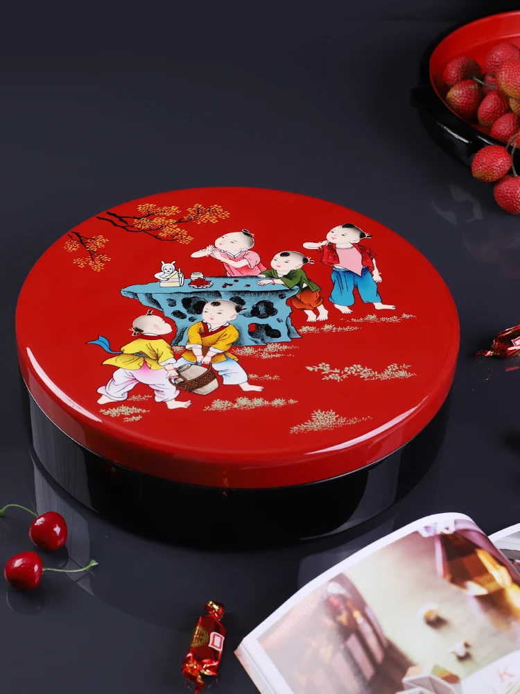 Chinese New Year Home Hand-Painted Dried Fruit Box Wedding Celebration Fruit Plate Compartment with Lid Wooden Lacquerware