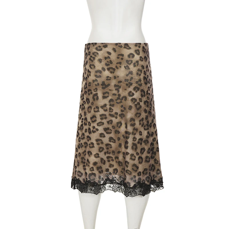 Women’s Leopard Print Midi Skirt Elegant Lace Hem Half Skirt Y2K Vintage Bodycon High Waist Mesh Patchwork Knit Skirt Streetwear view 5