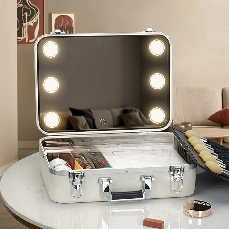 

Mirror Cosmetic Case with Lamp Professional Makeup Artist Large Capacity LED Lamp Cosmetics Storage Box Portable