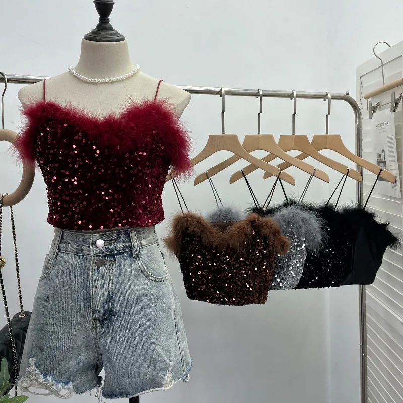 

Women Sexy Spice Girl Fluffy Sequined Sling Tube Top Slim-fit Short Sleeveless Camis Top