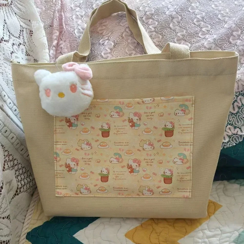 Hello Kitty Handbag with Cute Printed Pattern Canvas Shoulder Bag New Large Capacity Commuting Versatile Campus Tote Bag