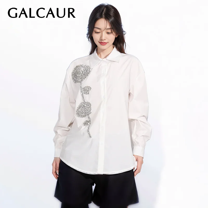 

GALCAUR Solid Patchwork Diamonds Shirt For Women Lapel Long Sleeve Single Breasted Oversize Casual Blouse Female Spring Clothes