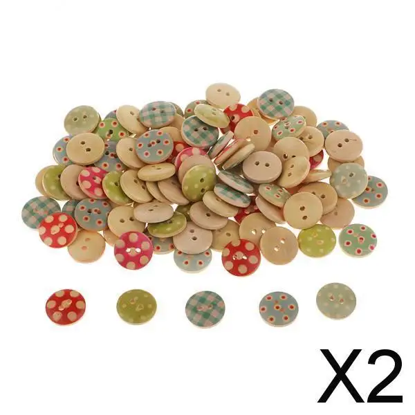 2X 100Pcs Assorted 2 Holes Wood Buttons for DIY Card Scrapbooking Embellishment