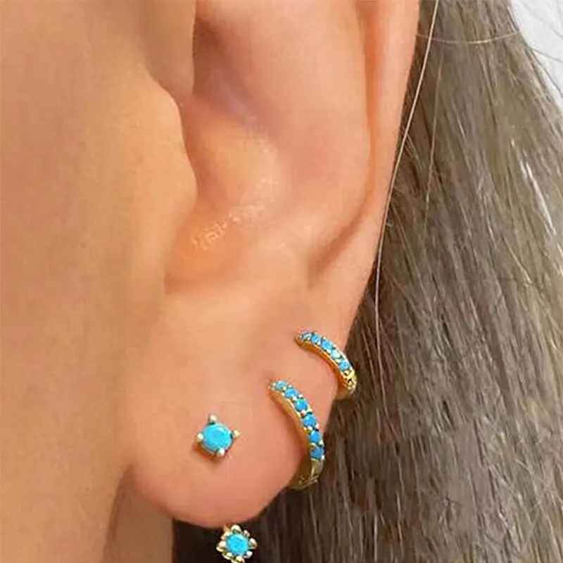 3 Pcs Turquoise Mini Earrings Set Gold Color New Design Hoop Earrings Cute Luxury Jewelry Gift Set Black Color Stones Options