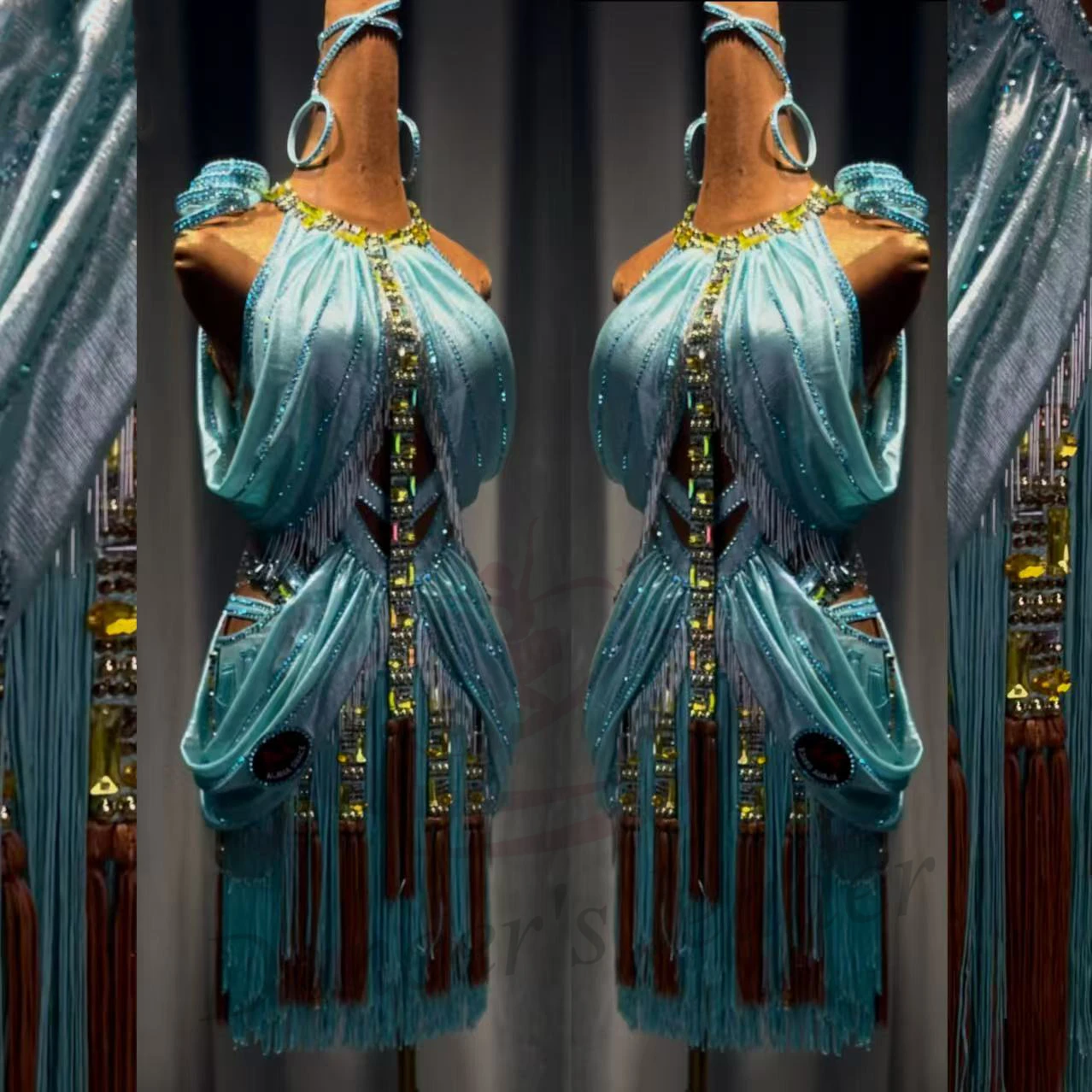 Costume da ballo latino AB Stone Donna Adulto Bambini High-End Personalizzato Retro Verde menta Gonna con nappa Abito da samba da piscina nero