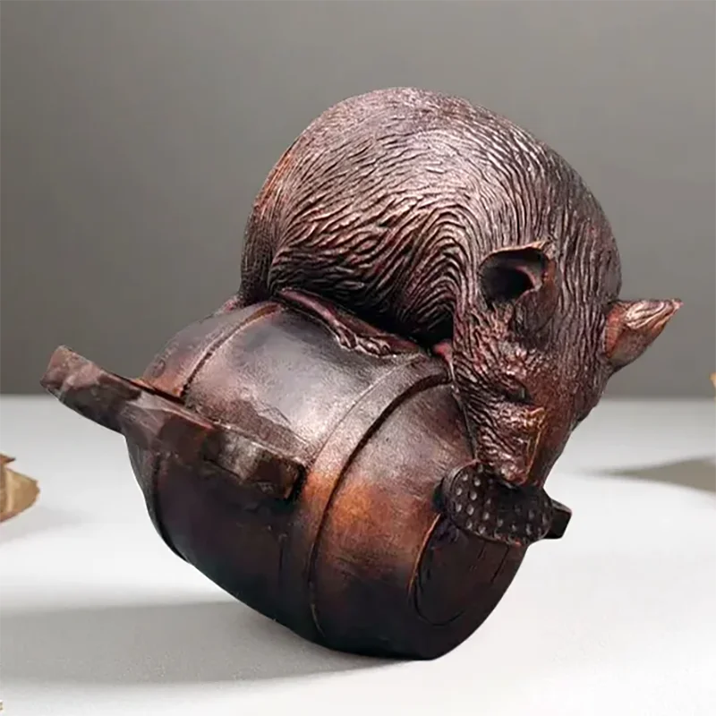 Y8972 - 10 X 7 X6 CM Hand Carved Boxwood Figurine : Lovely Mouse on Drum