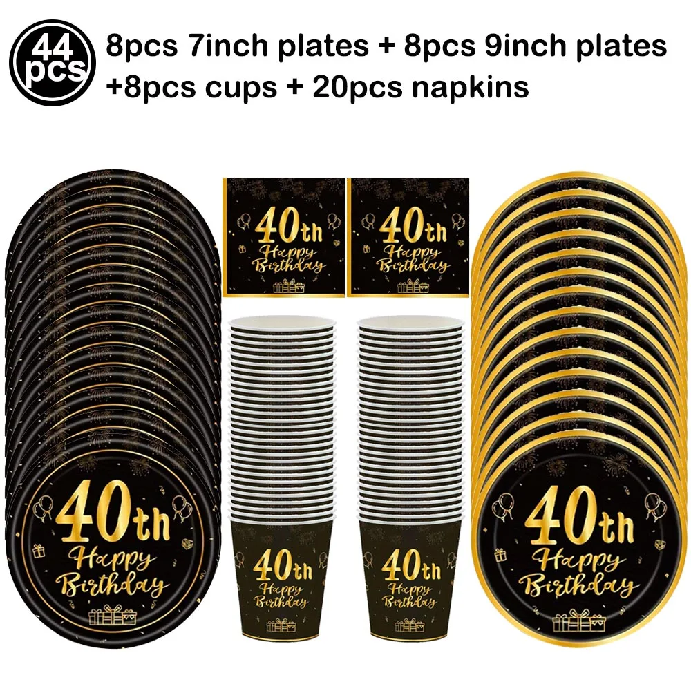 40th Birthday Party Black Gold Disposable Tableware Plate Cup Napkin Tablecloth Balloon Banner Men Women Party Decor Supplies