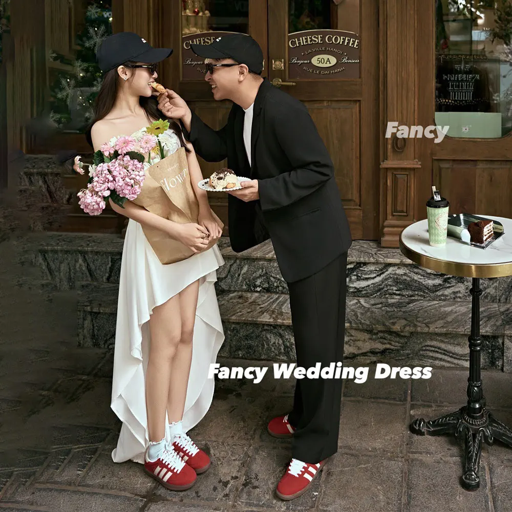 Fancy Simple Strapless Korea Wedding Dress Elastic Satin Prom Gown Irregular Back Corset Birthday Dresses Customized