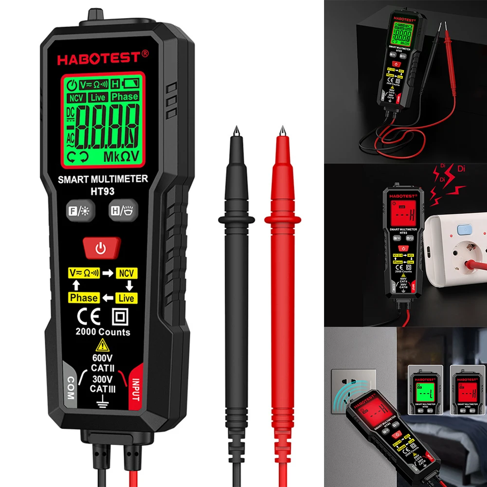 HT93 Digital Multimeter TRMS 2000 Counts Auto-Ranging AC/DC Voltage Resistance Tester with NCV Live Wire/Continuity Test