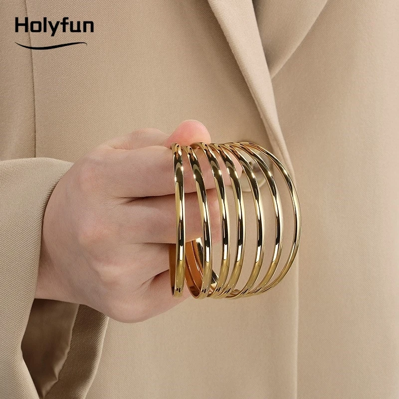 Holyfun błyszcząca 18K pozłacana bransoletka ze stali nierdzewnej bransoletka dla kobiet minimalistyczna podstawowa opaska na nadgarstek bransoletki wodoodporna biżuteria — zdjęcie 5