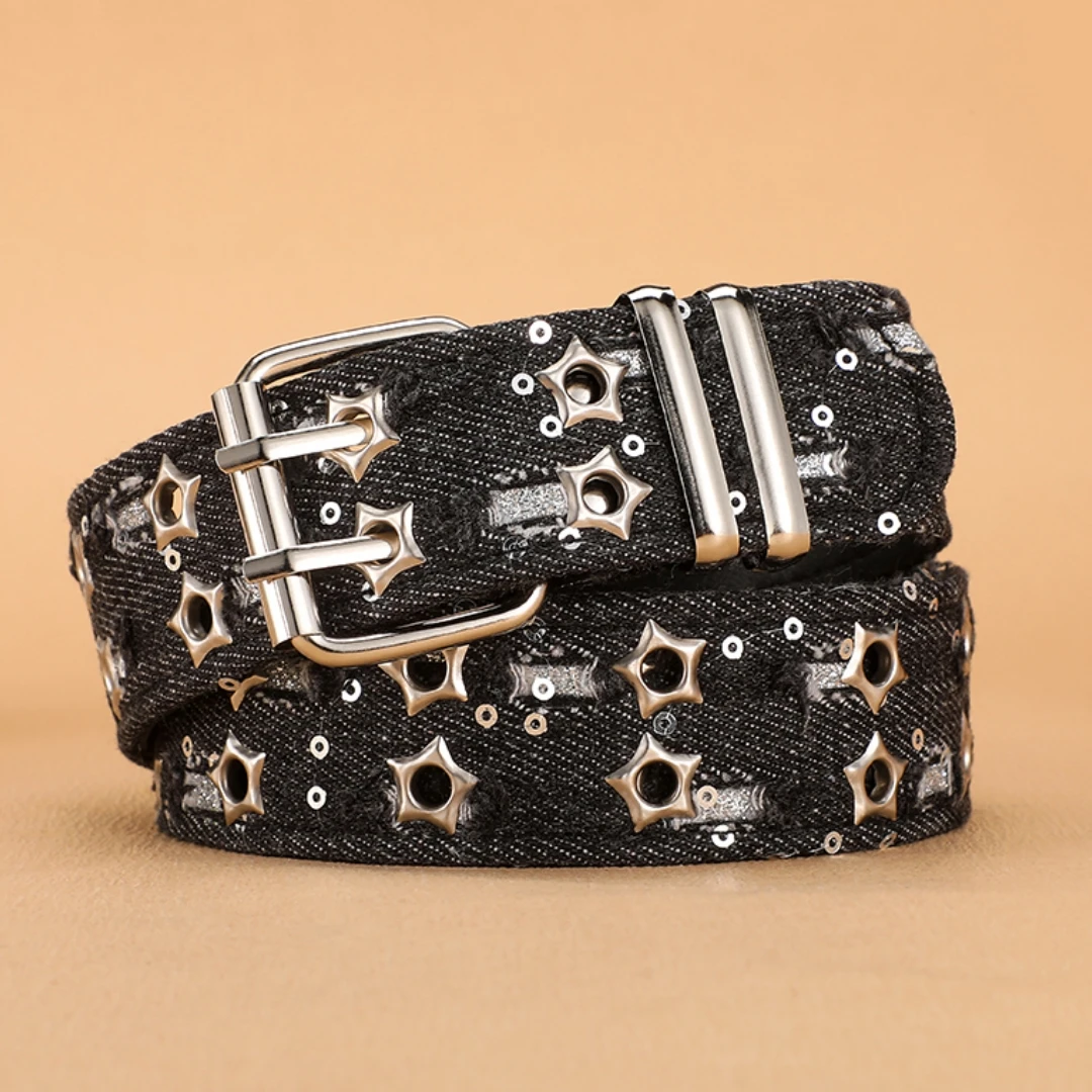 New Fashion Luxury Belt Black Punk Accessories Blue Denim Girdle HipHop Y2k Star Hollowed Pin Buckle Waistband,For Men Women