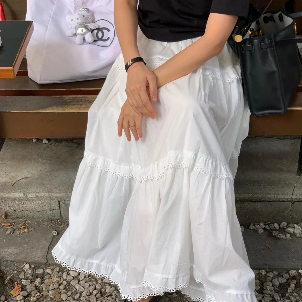 Retro High Waist Patchwork Lace  Cake Long Casual Versatile Half Body Skirt Women's Commute Style with Inner 