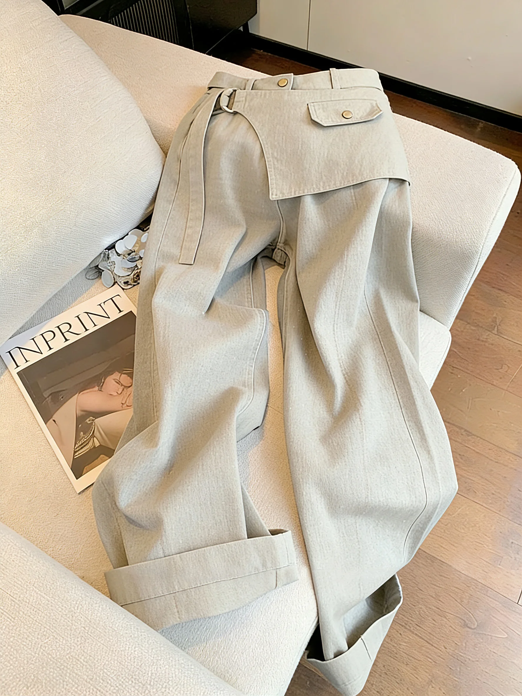 

Korean Fashion Wide Leg Pants Men's Straight Leg Casual Trousers High Waist Slimming Spring Autumn Seasonal Asymmetrical