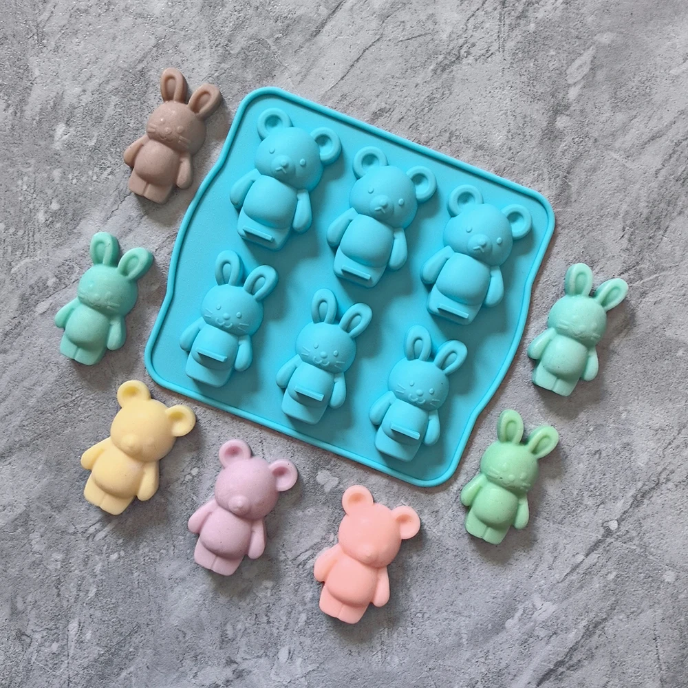 1 molde de silicona con forma de conejo y oso de 6 cavidades, pastel para hornear chocolate 3D, adecuado para pan, galletas, utensilios para hornear DIY