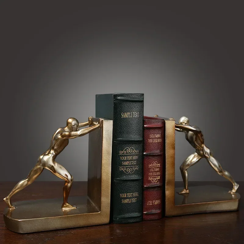 1 Pair Decorative Book Shelf Bookends, Golden Man Pushing Book Support Ornaments Resin Craft for Home Cabinet