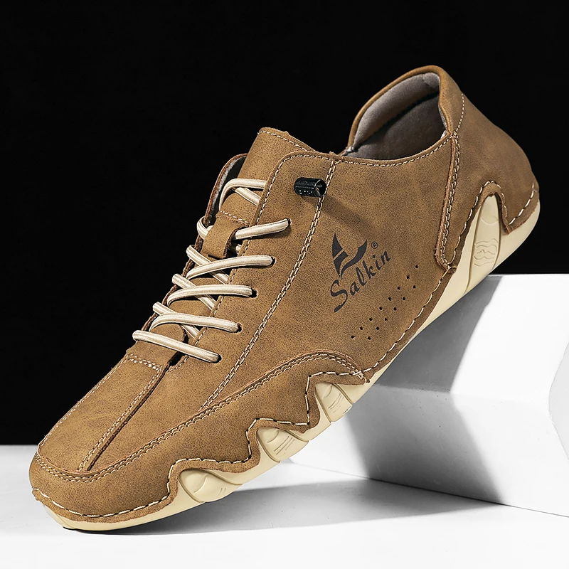 

Новинка 2026, кожаная повседневная мужская обувь ручной работы, дизайнерские уличные кроссовки, лоферы без шнуровки, дышащие низкие туфли на плоской подошве для вождения, большие размеры