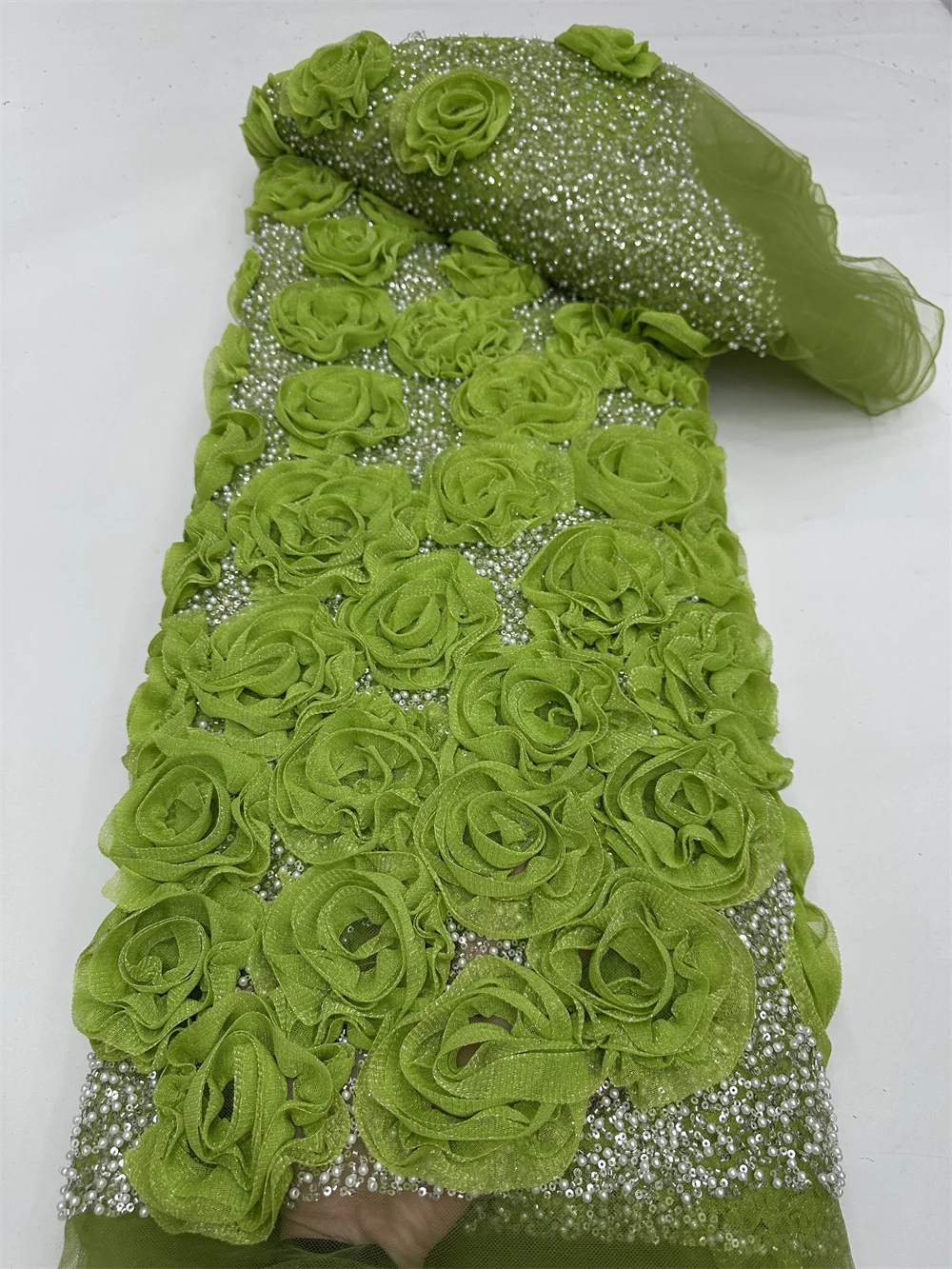

African 3D Flowers Beads 2025 Latest Hot On Sale African French Party Fabric Tulle Nigerian Sequins Fabrics For Wedding Dress