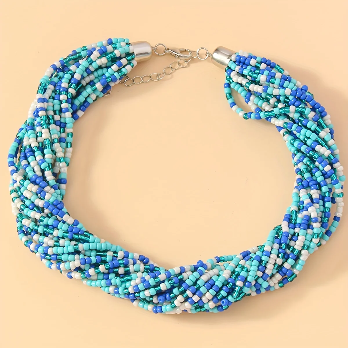 1pc Bohemian Green Blue Fashionable Elegant Simple Multi Layer Rice Bead Necklace Tie Neck Women\'s Neck Chain Clavicle Chain