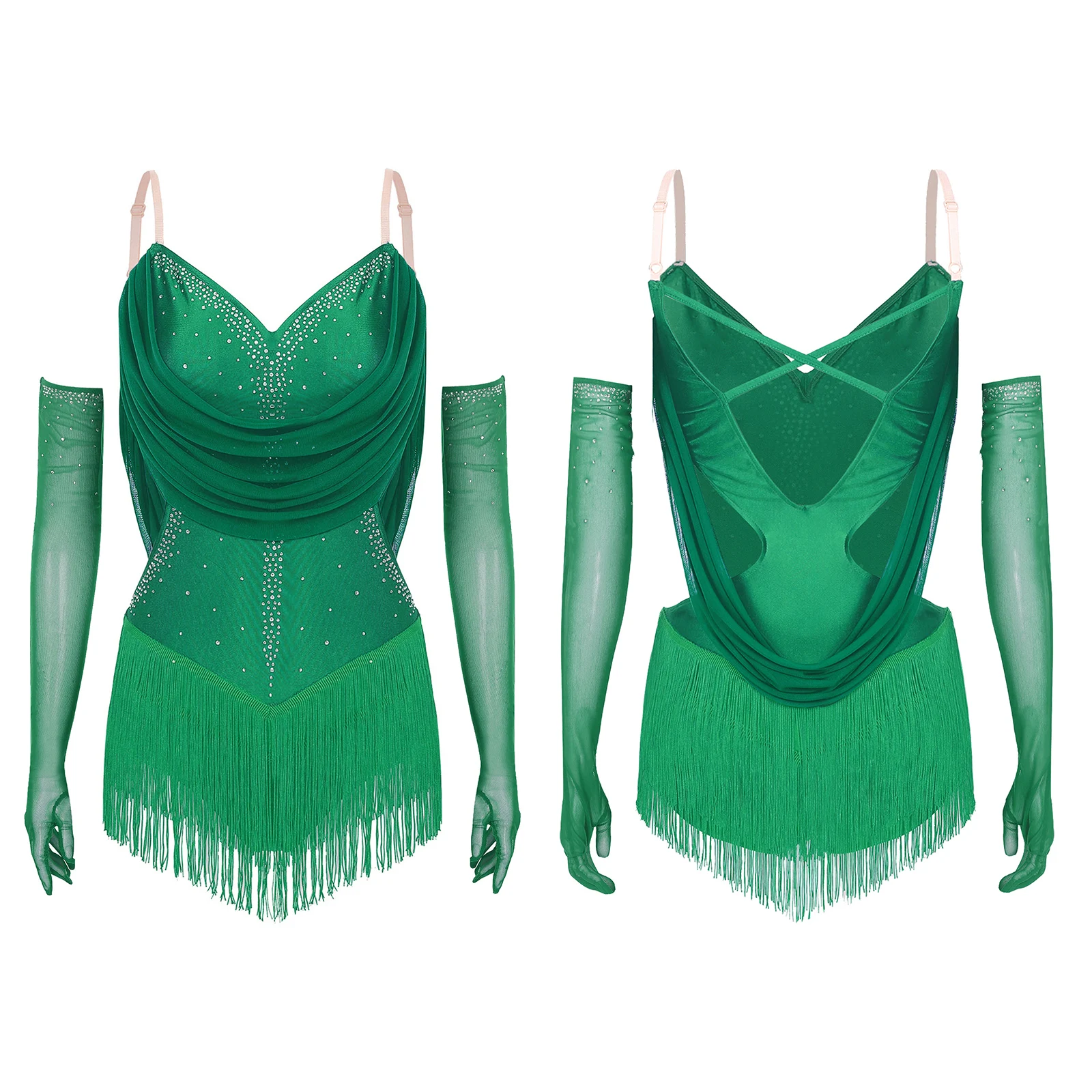 Womens Kwastje Latin Dans Turnpakje Jurk Strass Omzoomd Bodysuit + Handschoenen Outfits voor Tango Cha-Cha Salsa Schaatsen Prestaties