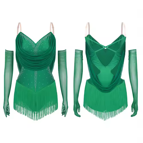 Womens Tassel Latin Dance Leotard Dress Rhinestone Fringed Bodysuit+Gloves Outfits for Tango Cha-Cha Salsa Skating Performance - Image 9