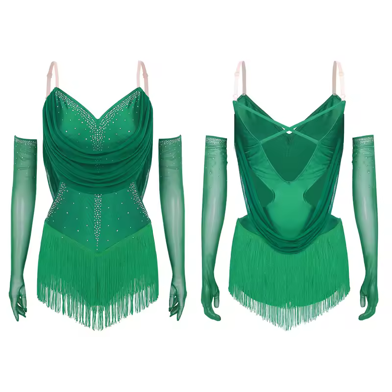Womens Tassel Latin Dance Leotard Dress Rhinestone Fringed Bodysuit+Gloves Outfits for Tango Cha-Cha Salsa Skating Performance - Image 9