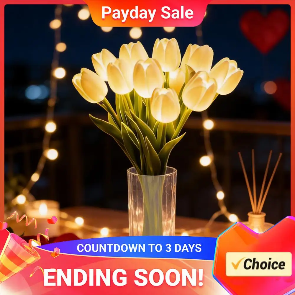 

10/15pcs Romantic Tulip Light with Vase Flower Table Lamp for Valentines Day Gift Easter Home Kitchen Wedding Dining Table Decor