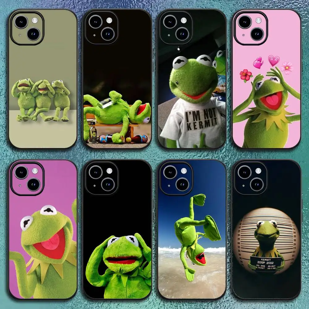 Lustiger Kermit-Frosch-Handyhülle für iPhone 17 12 13 14 15 16 Pro Max Plus, klassische schwarze Softshell
