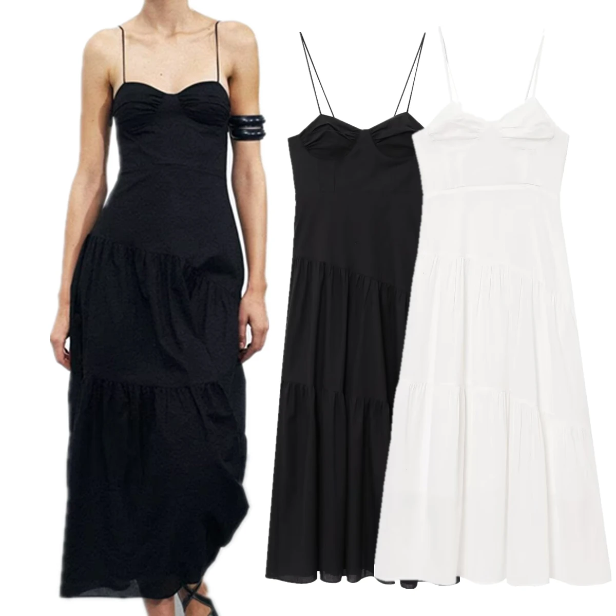 

Maxdutti Minimalist Black And White Solid Color Summer Suspender Dress Female French Elegant Holiday Midi Dress Women