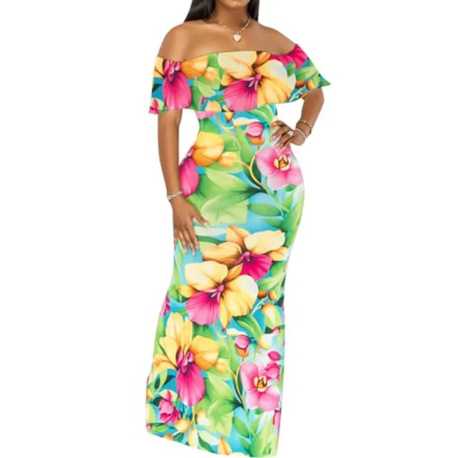 

Women's Sexy Off Shoulder Maxi Dress Hawaiian Floral Evening Gown Long Dress